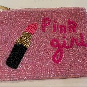Beaded Pink Girl Pouch with Lipstick Design